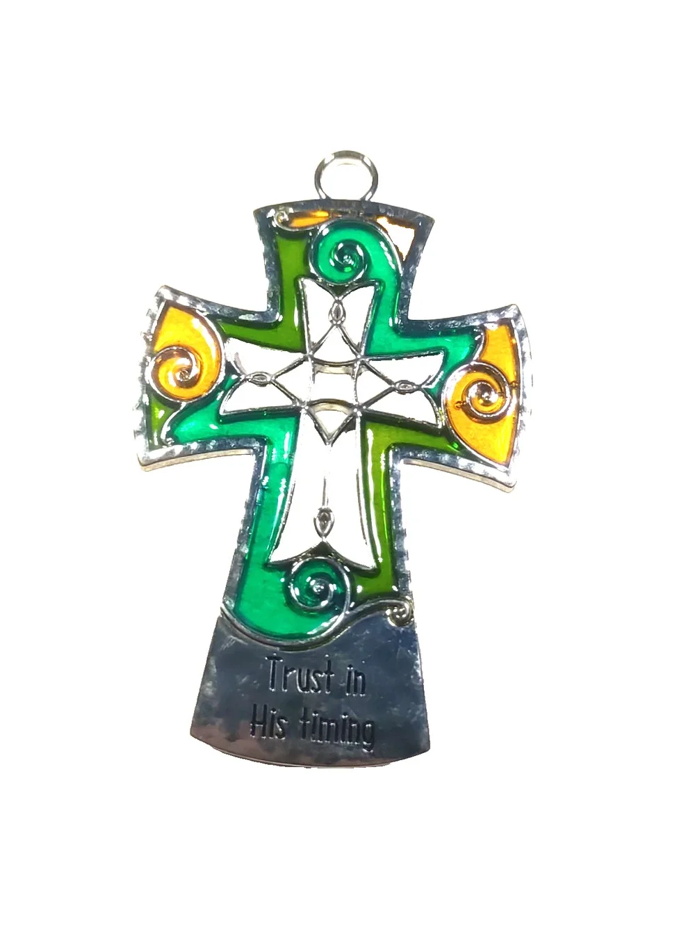 Trust In His Timing Cross Pendant Faux Stain Glass